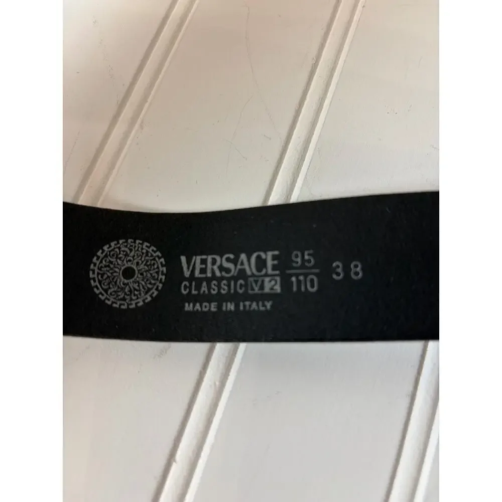Vintage 1990’s Versace Classic V2 Silver Belt Buckle Italian Black Leather Strap